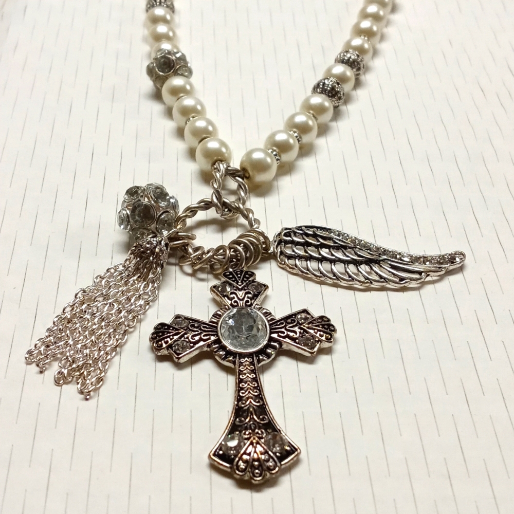 Faux Pearl Silver Cross Angel Wing Necklace and Rhinestone Ball